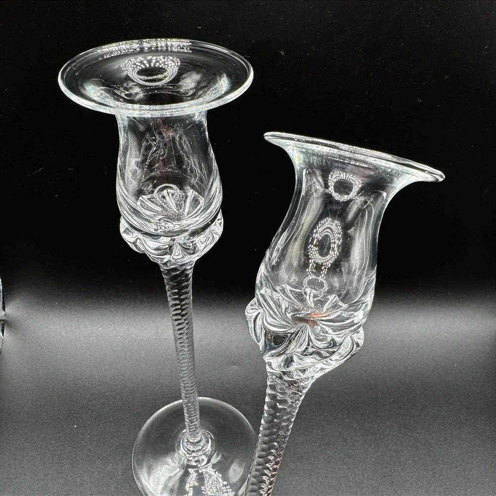 Art Glass Pair Candlesticks Vtg. Optic Twist Stem Floral Tulip Cottage Regency‎